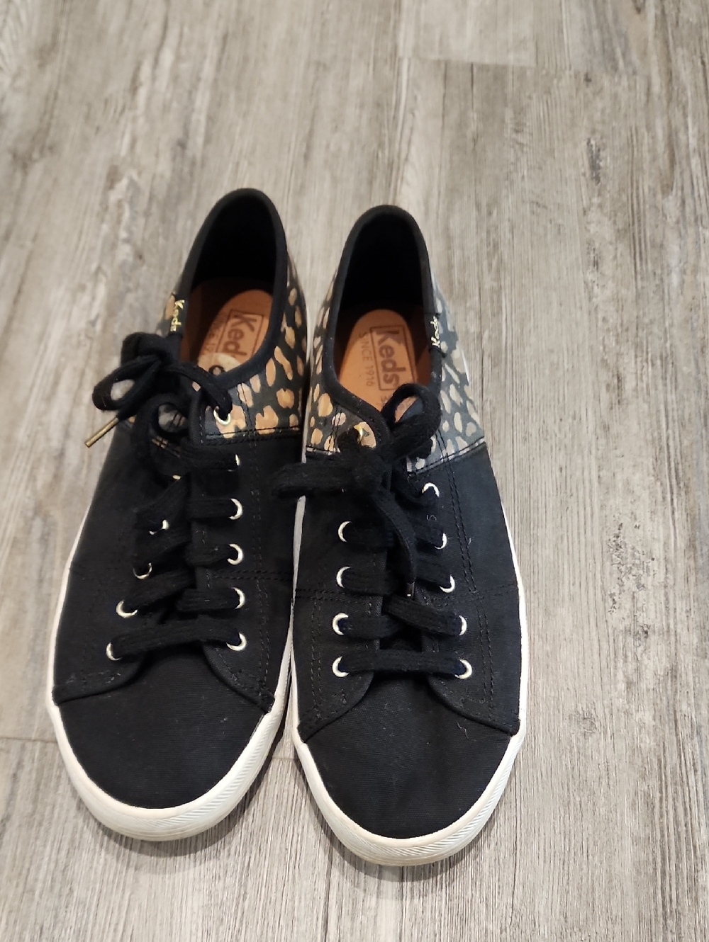 Keds Black Canvas Sneakers with Leopard Heel Accent Size 8